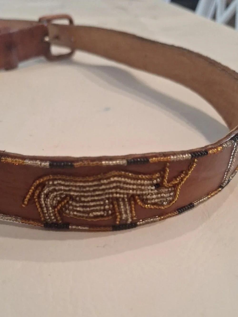 Brown Beaded Elephant Leather Belt - Women's Accessory